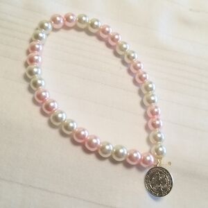 New Pink Pearl Glass Silver Medal Religious Bracelet